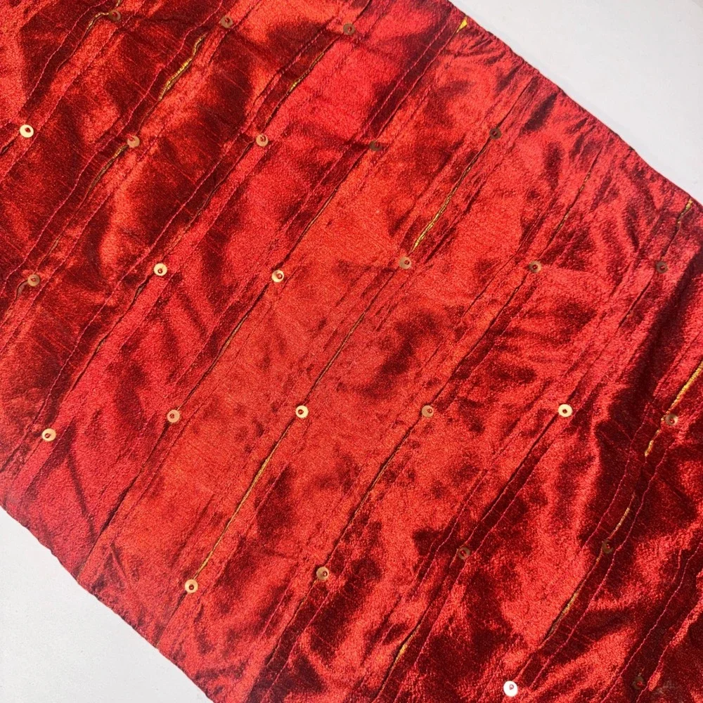 Pintuck Sequin Table Runner Red Gold 14x72 Holiday Glam Decor Peak a Boo Silk